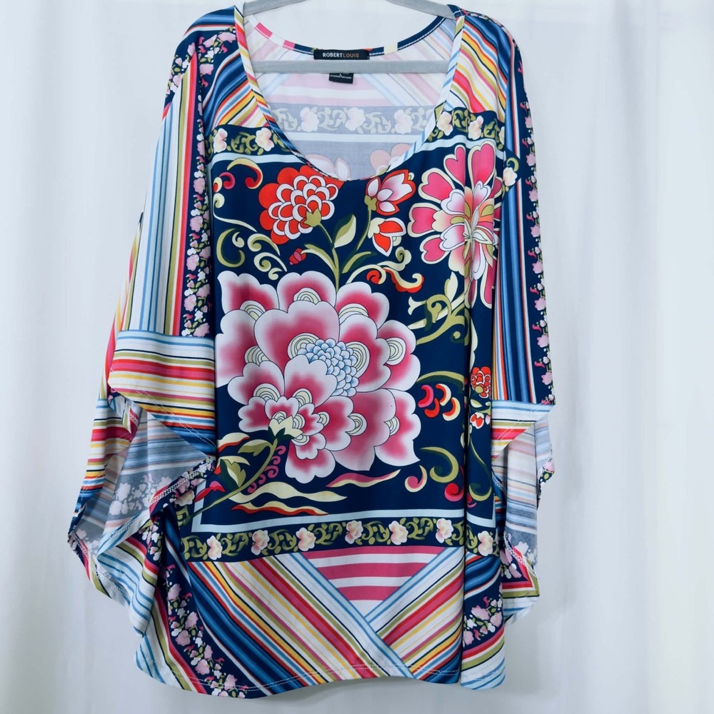 Robert Louis Size Large Floral Kimono Top Mixed Print Boho Batwing Tunic Blouse
